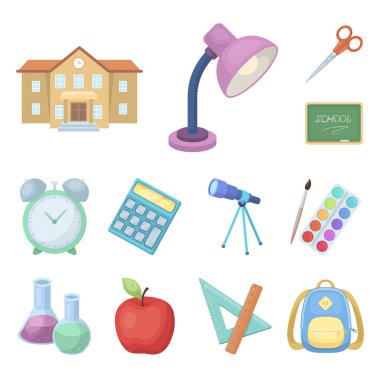 Set koleksiyonu tasarım için okul ve eğitim karikatür simgeler. Üniversite, ekipman ve aksesuarları sembol stok web illüstrasyon vektör.