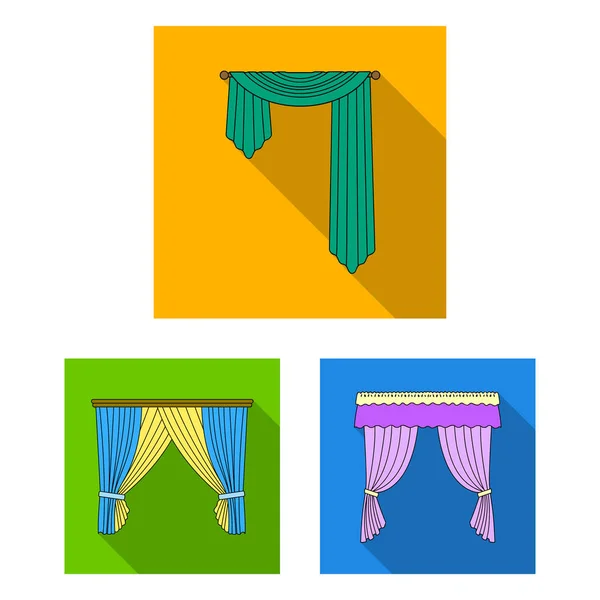 Diferentes tipos de cortinas iconos planos en la colección de conjuntos para el diseño. Cortinas y lambrequines vector símbolo stock web ilustración . — Archivo Imágenes Vectoriales