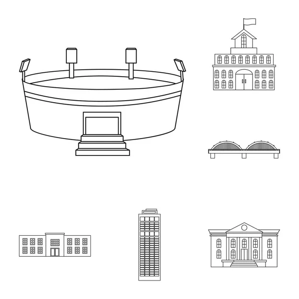 Yapı ve Mimarlık set koleksiyonu tasarım için simgeleri anahat. Vektör simge stok web illüstrasyon inşaat ve kurum. — Stok Vektör