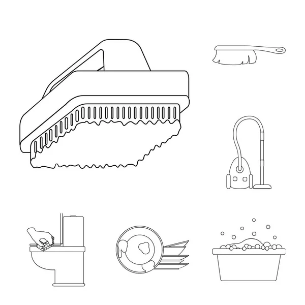 Очистка и иконки контуров горничной в наборе коллекции для дизайна. Оборудование для очистки векторной сетки — стоковый вектор
