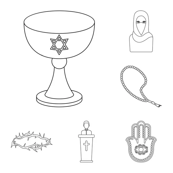 Религия и убеждения намечают иконы в коллекции наборов для дизайна. Аксессуары, векторные молитвенные символы . — стоковый вектор