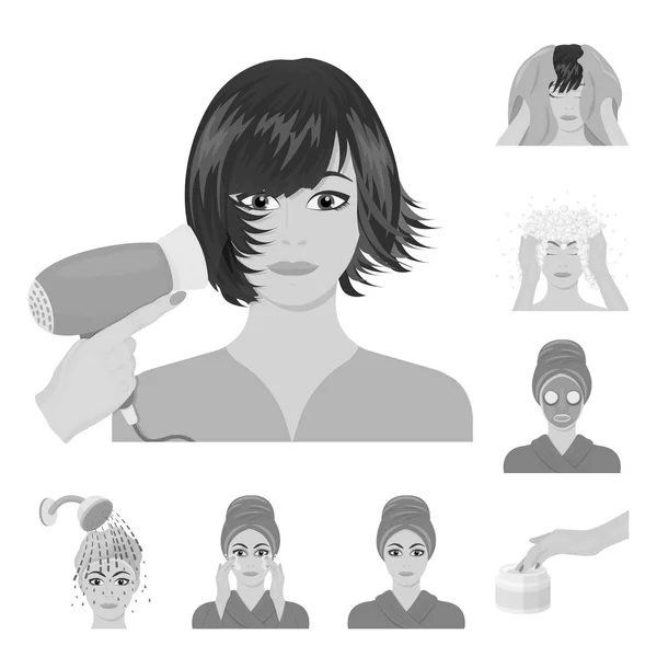 Vård av hår och ansikte svartvita ikoner i set samling för design. Parfymer och smink vektor symbol lager web illustration. — Stock vektor