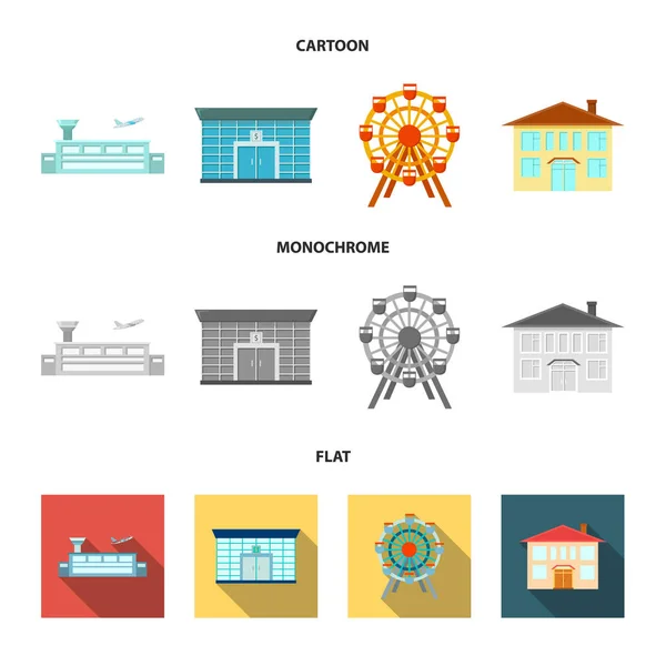 Flughafen, Bank, Wohnhaus, Riesenrad. Gebäude Set Sammlung Symbole in Cartoon, flach, monochromen Stil Vektor Symbol Stock Illustration Web. — Stockvektor