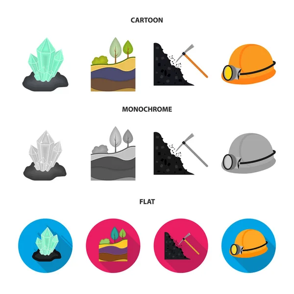 Crystals, coal seam, pickaxe, helmet with a lantern.Mine set collection icons in cartoon, flat, monochrome style vector symbol stock illustration web . — стоковый вектор