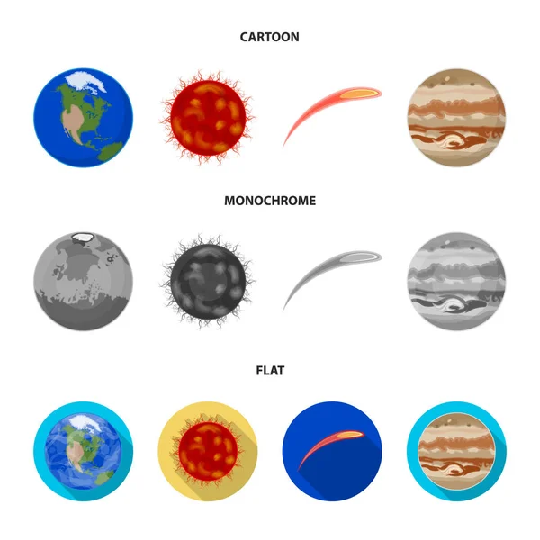 Země, Jupiter, slunce, planety sluneční soustavy. Asteroidů, meteorit. Planety kolekce sady ikon v karikatuře, ploché, monochromatický stylu vektor symbol akcií ilustrace web. — Stockový vektor