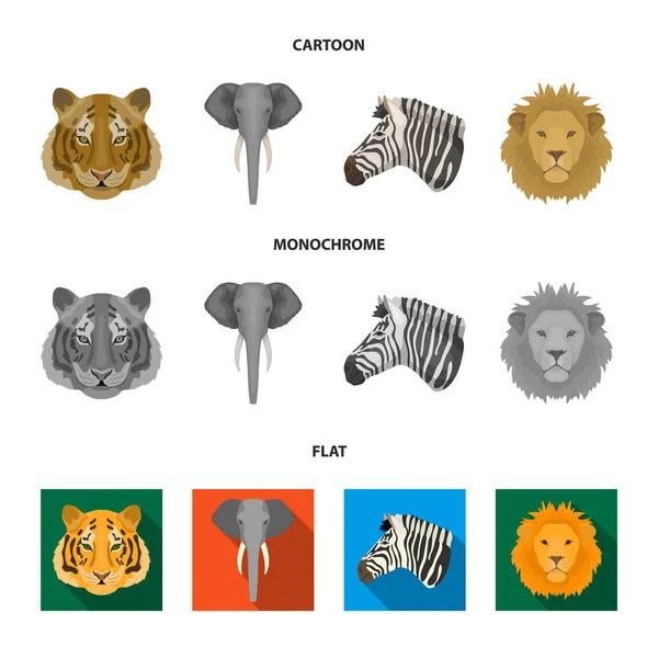 Tygr, lev, slon, zebra, realistická zvířata kolekce sady ikon v karikatuře, ploché, monochromatický stylu vektor symbol akcií ilustrace web. — Stockový vektor