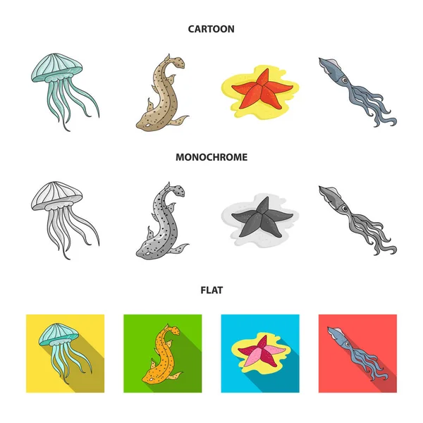 Medusas, calamares y otras especies.Los animales del mar establecen iconos de colección en dibujos animados, planos, estilo monocromo símbolo vectorial stock illustration web . — Vector de stock