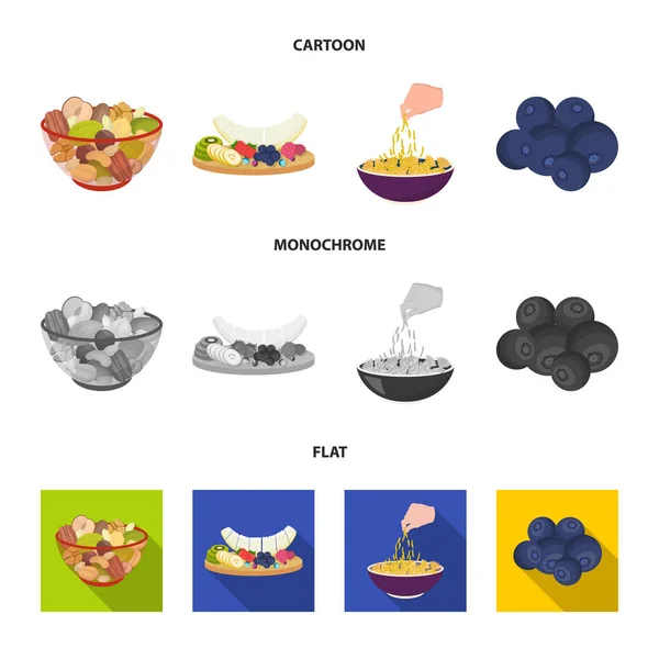 Surtido de frutos secos, frutas y otros alimentos. Alimentos conjunto colección iconos en dibujos animados, plano, monocromo estilo vector símbolo stock ilustración web . — Vector de stock