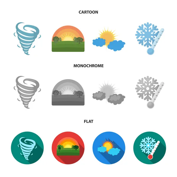 Tornado, wschód słońca, zachmurzenia, śnieg i mróz. Pogoda zestaw kolekcji ikon w kreskówce, płaskie, www ilustracji symbol wektor styl monochromatyczny. — Wektor stockowy