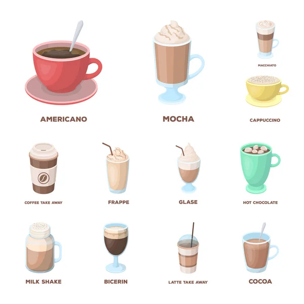 Different kinds of coffee cartoon icons in set collection for design. Coffee drink vector symbol stock web illustration. — Stock Vector