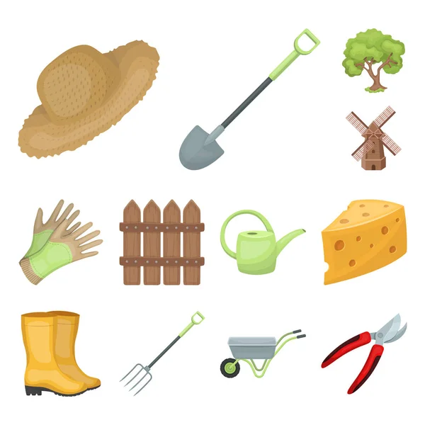 Ícones de desenhos animados de fazenda e jardinagem em coleção de conjuntos para design. Ilustração web do símbolo do vetor da fazenda e do equipamento . — Vetor de Stock