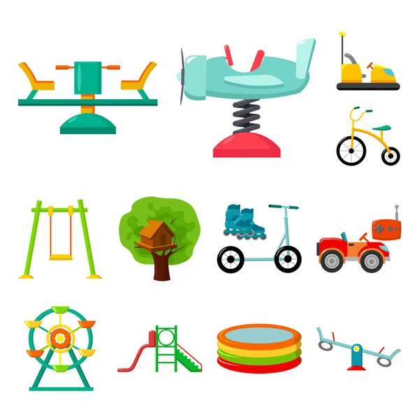 Playground, entertainment cartoon icons in set collection for design. Attraction and equipment vector symbol stock web illustration. — Stock Vector