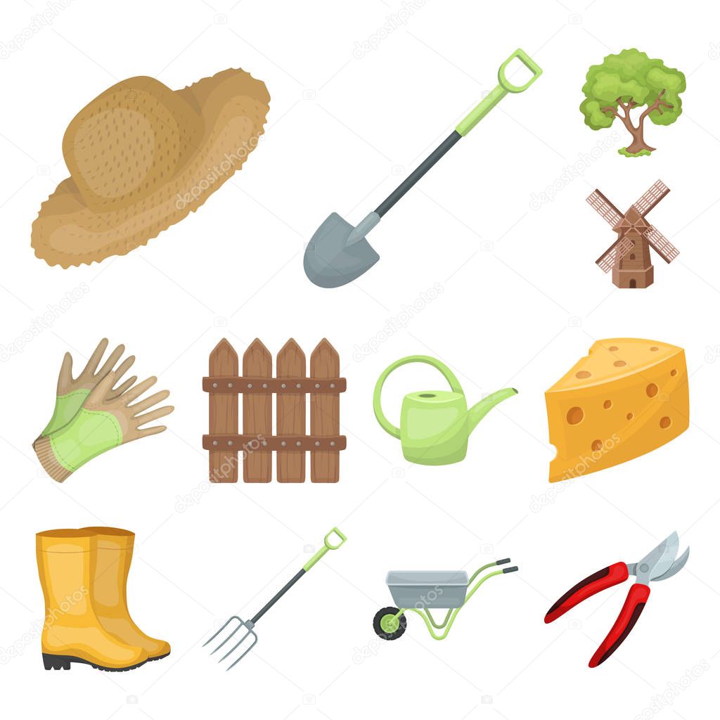 Farm and gardening cartoon icons in set collection for design. Farm and equipment vector symbol stock web illustration.