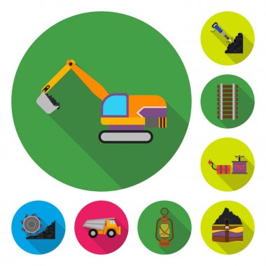 Madencilik Sanayi set koleksiyonu tasarım için düz simgeler. Cihazlar ve sembol stok web illüstrasyon vektör.