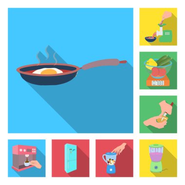 Yemek yemek düz simgeler set koleksiyonu tasarım için. Mutfak, cihazlar ve sembol stok web illüstrasyon vektör.