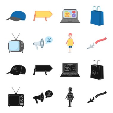 TV, megafon, bir adam ile bir poster, afiş ile bir uçak. Reklam, toplama simgeler siyah, karikatür tarzı vektör simge stok çizim web içinde ayarla.