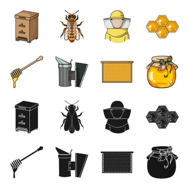 Bir çerçeve peteğin, bir kepçe bal, arıların gelen bir fumigator, bir kavanoz bal ile. Arı kovanı toplama simgeler siyah, karikatür tarzı vektör simge stok çizim web içinde ayarla..
