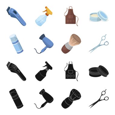 Fırça, makas, elektrikli saç kurutma makinesi ve ekipman erkek Kuaför salonu için diğer. Berber Dükkanı toplama simgeler siyah, karikatür tarzı vektör simge stok çizim web içinde ayarla..