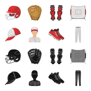 Beyzbol şapkası, oyuncu ve diğer aksesuarları. Beyzbol toplama simgeler siyah, karikatür tarzı vektör simge stok çizim web içinde ayarla..