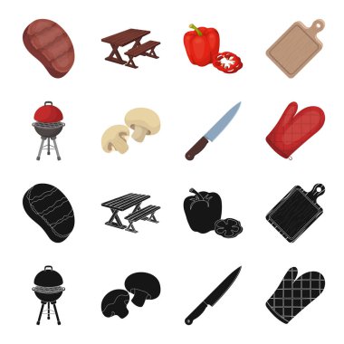 Barbekü Izgara, petrol, bıçak, Barbekü mitten. Barbekü küme toplama simgeler siyah, karikatür tarzı vektör simge stok illüstrasyon, web