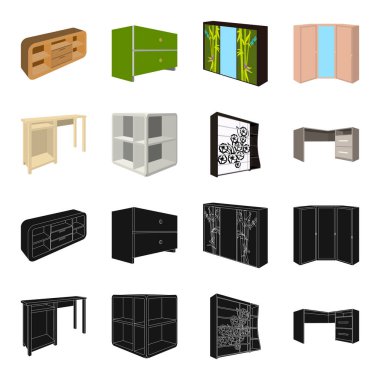 Tablo, köşe raf, bilgisayar masası, cam ile dolap giyinme. Yatak Odası Mobilya toplama simgeler siyah, karikatür tarzı vektör simge stok çizim web içinde ayarla..