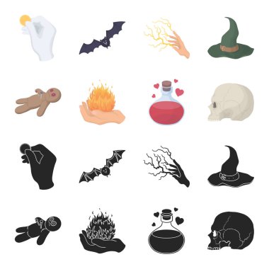 Bir Vudu bebeği, büyülü bir yangın, aşk iksiri, bir kafatası. Siyah ve beyaz büyü toplama simgeler siyah, karikatür tarzı vektör simge stok çizim web içinde ayarla..