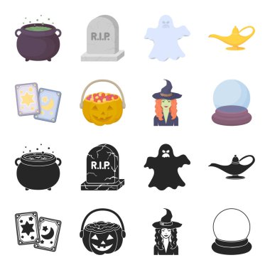 Tarot kartları, tatil Cadılar Bayramı, sihirbaz şapkalı, kristal top. Siyah ve beyaz büyü toplama simgeler siyah, karikatür tarzı vektör simge stok çizim web içinde ayarla..