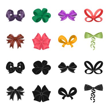 Çok renkli yay çizgi film, siyah, düz, set koleksiyonu tasarım için anahat simgeleri. Dekorasyon vektör simge stok web çizim için yay.