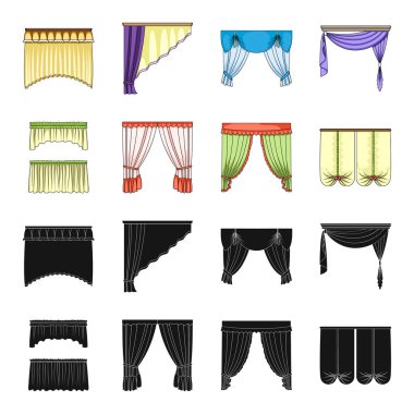 Pencere perdeleri farklı türleri. Perdeleri toplama simgeler siyah, karikatür tarzı vektör simge stok çizim web içinde ayarla..