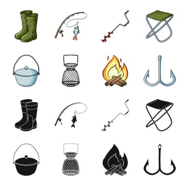 Catch, kanca, kafes, pudra. Balık tutma toplama simgeler siyah, karikatür tarzı vektör simge stok çizim web içinde ayarla..