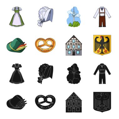 Ülke Almanya siyah, set koleksiyonu tasarım için karikatür simgeleri. Almanya ve dönüm noktası sembol stok web illüstrasyon vektör.