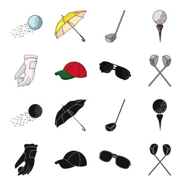Bir top, kırmızı şapka, güneş gözlüğü, iki kulüp ile golf oynamak için bir eldiven. Golf Club toplama simgeler siyah, karikatür tarzı vektör simge stok çizim web içinde ayarla..