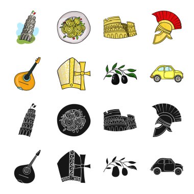 Mandolin, baba, zeytin, retro otomatik. İtalya ülke toplama simgeler siyah, karikatür tarzı vektör simge stok çizim web içinde ayarla..