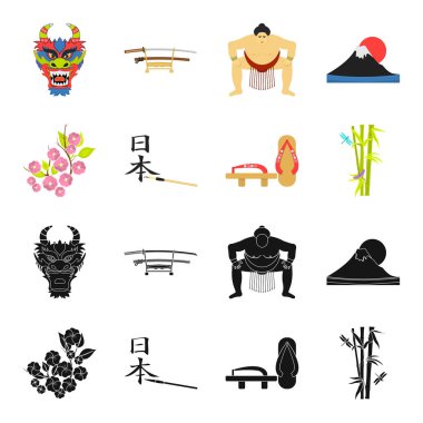 Geta, sakura çiçekler, bambu, hiyeroglif. Japonya toplama simgeler siyah, karikatür tarzı vektör simge stok çizim web içinde ayarla..