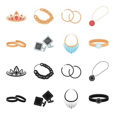 Evlilik yüzükleri, kol düğmesi, elmas kolye, Bayan Yüzükler bir taşla. Takı ve Aksesuar koleksiyon simgeler siyah, karikatür tarzı vektör simge stok çizim web içinde ayarla.