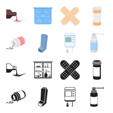 Tablet, ilaç, kan, sprey ile konteyner. İlaç toplama simgeler siyah, karikatür tarzı vektör simge stok çizim web içinde ayarla..