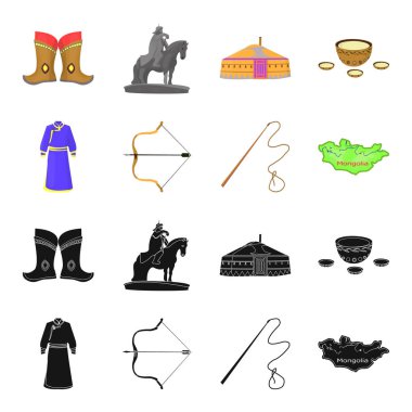 .Moğol elbisesi, savaş yay, theria haritada Urga, Khlyst pansuman. Moğolistan toplama simgeler siyah, karikatür tarzı vektör simge stok çizim web içinde ayarla..