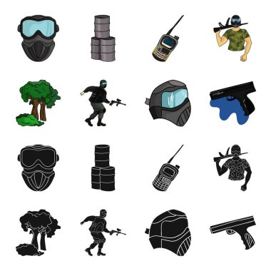 Maske, silah, boya, stok. Paintball toplama simgeler siyah, karikatür tarzı vektör simge stok çizim web içinde ayarla..