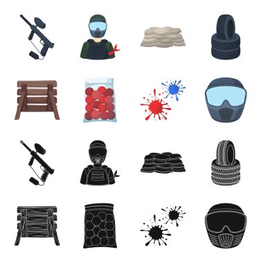 Ahşap barikat, koruyucu maske ve diğer aksesuarları. Paintball tek simge siyah, karikatür tarzı vektör simge stok çizim web içinde.
