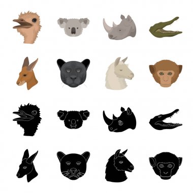 Kanguru, Lama, maymun, panter, gerçekçi hayvanları toplama simgeler siyah, karikatür tarzı vektör simge stok çizim web içinde ayarla.