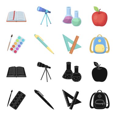 Çok renkli boyalar bir Püskül, kalem, üçgen ve cetvel, el çantası, evrak çantası ile. Okul ve eğitim toplama simgeler siyah, karikatür tarzı vektör simge stok çizim web içinde ayarla.