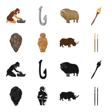 İlkel, kadın, erkek, sığır. Taş Devri toplama simgeler siyah, karikatür tarzı vektör simge stok çizim web içinde ayarla..