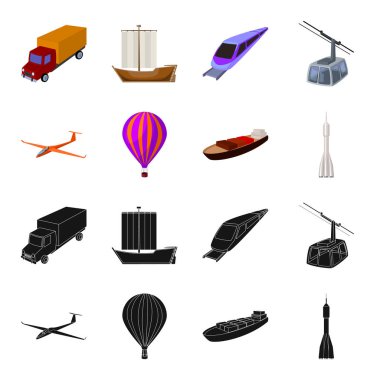 Bir dron, bir planör, bir balon, bir ulaşım mavna, bir uzay roketi taşıma modları. Taşıma kümesini simgeler siyah, karikatür tarzı vektör simge stok çizim web içinde.