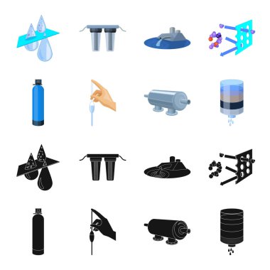 Arıtma, su, filtre, filtrasyon. Su filtrasyon sistemi toplama simgeler siyah, karikatür tarzı vektör simge stok çizim web içinde ayarla..