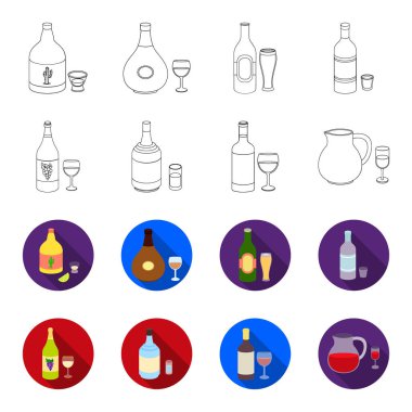 Beyaz şarap, kırmızı şarap, cin, sangria. Alkol toplama simgeler anahat, düz stil vektör simge stok çizim web ayarla..