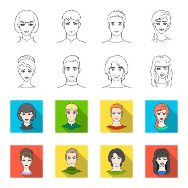 Gençlerin farklı görünüyor. Avatar ve yüz toplama simgeler anahat, flet stil vektör simge stok çizim web ayarla.