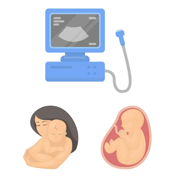 Женщина и беременность иконы мультфильмов в коллекции наборов для дизайна. Гинекология и оборудование векторные символы веб-иллюстрации . — стоковый вектор