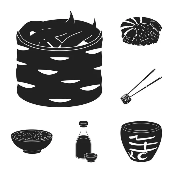 Sushi und Würze schwarze Symbole in Set-Kollektion für Design. Meeresfrüchte Lebensmittel, Zubehör Vektor Symbol Stock Web-Illustration. — Stockvektor