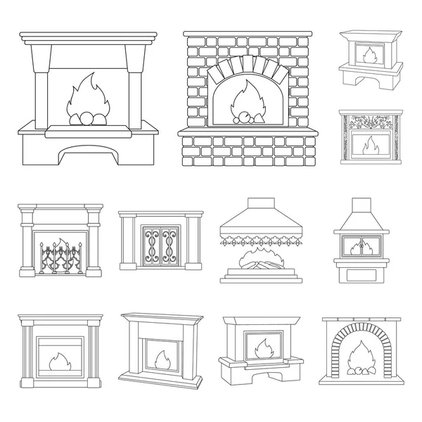 Различные виды каминов контуры иконки в коллекции наборов для design.Fireplaces строительство векторных символов запаса веб-иллюстрация . — стоковый вектор