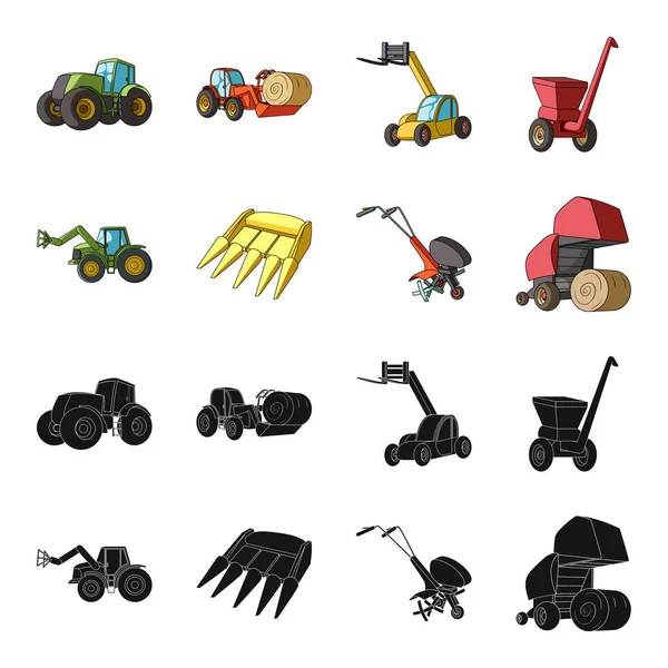 Motoblock und andere landwirtschaftliche Geräte. Landmaschinen Set Sammlung Symbole in schwarz, Cartoon-Stil Vektor Symbol Stock Illustration Web. — Stockvektor